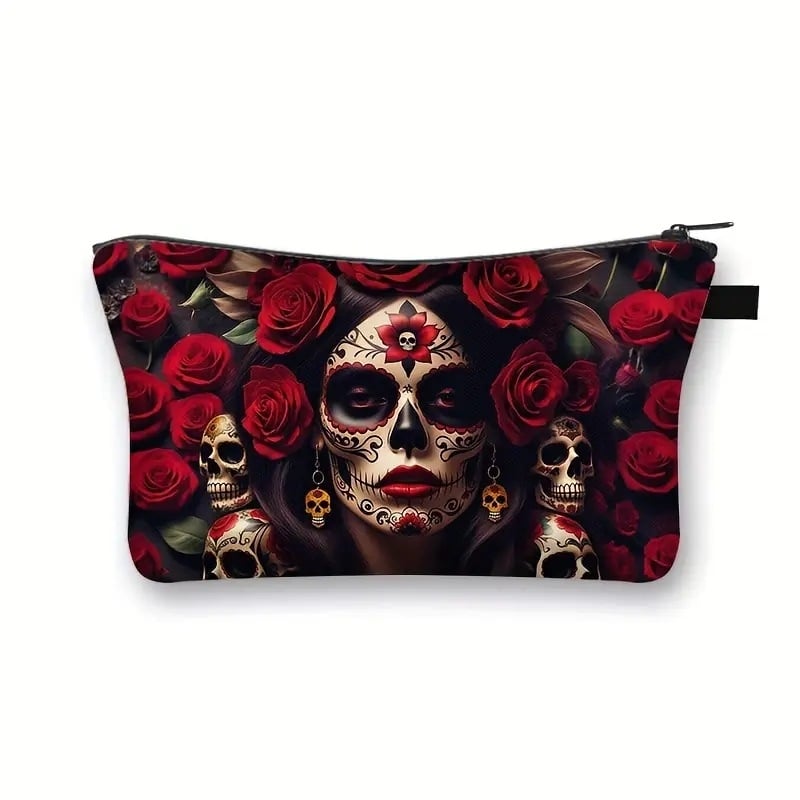 Чанта за козметика и тоалетни принадлежности със Skull Flower мотив, голям капацитет, преносима, изработена от полиестер