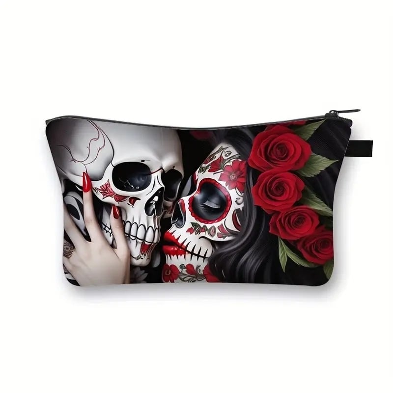Чанта за козметика и тоалетни принадлежности със Skull Flower мотив, голям капацитет, преносима, изработена от полиестер