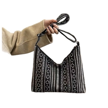 Etnički stil crossbody hobó torba, velika kapaciteta, platnena torba, horizontalni kvadratni oblik, zatvarač na zip, podstava od poliestera
