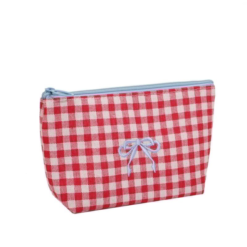 Козметична чантичка с каре, памук-лен материал, подплата от полиестер, ципно затваряне, портативна и дишаща