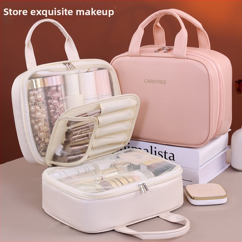 Козметична чанта за пътуване с голям капацитет, кожена, водоустойчива, с разделени отделения