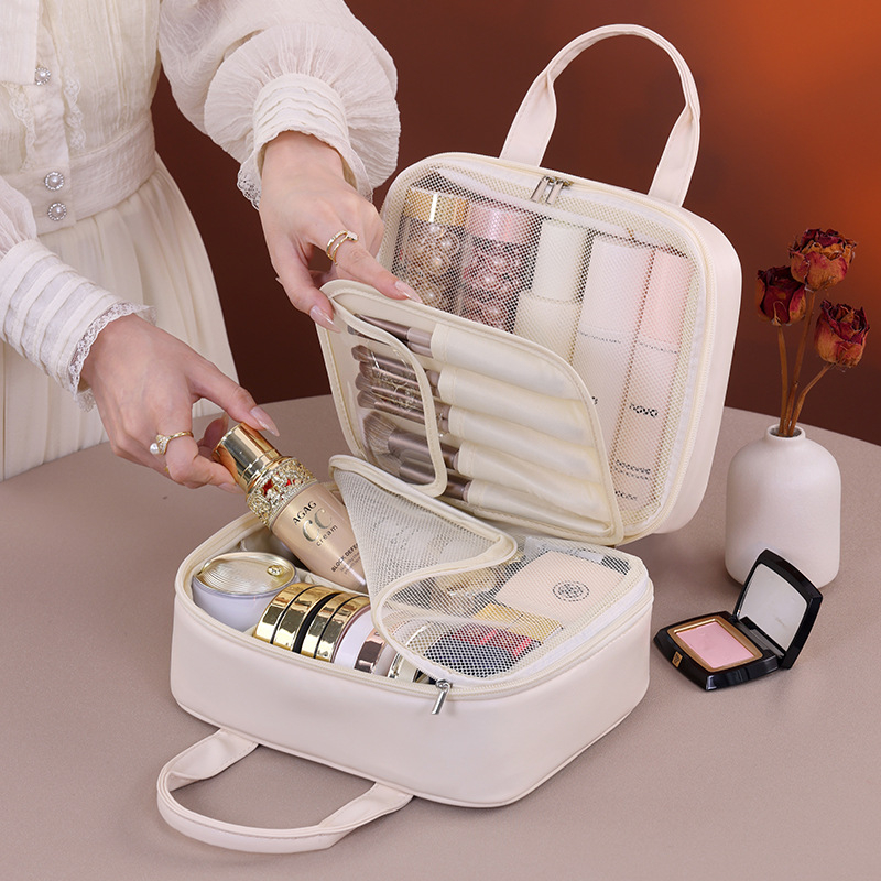 Козметична чанта за пътуване с голям капацитет, кожена, водоустойчива, с разделени отделения