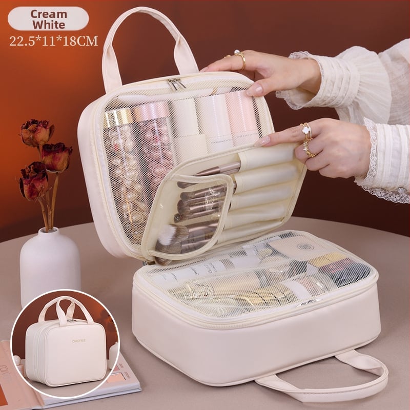 Козметична чанта за пътуване с голям капацитет, кожена, водоустойчива, с разделени отделения