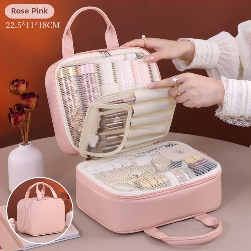 Козметична чанта за пътуване с голям капацитет, кожена, водоустойчива, с разделени отделения