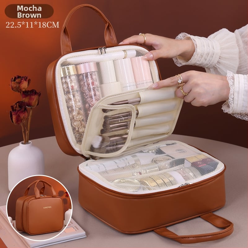 Козметична чанта за пътуване с голям капацитет, кожена, водоустойчива, с разделени отделения