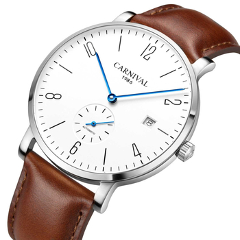 Carnival Férfi automata karóra naptár funkcióval, átlátszó hátlappal, rozsdamentes acél tokkal, valódi bőr szíjjal.
