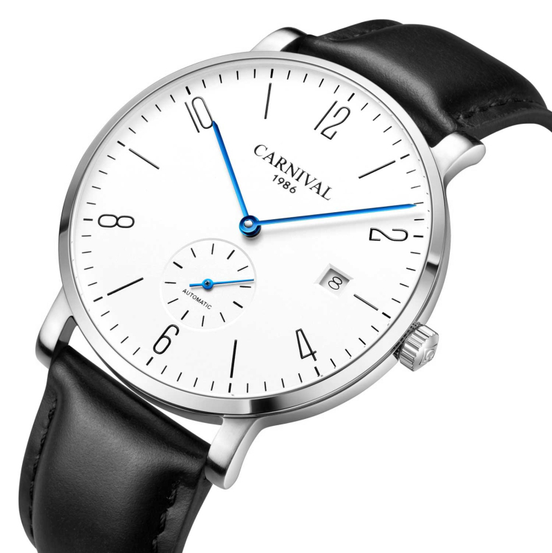 Carnival Férfi automata karóra naptár funkcióval, átlátszó hátlappal, rozsdamentes acél tokkal, valódi bőr szíjjal.