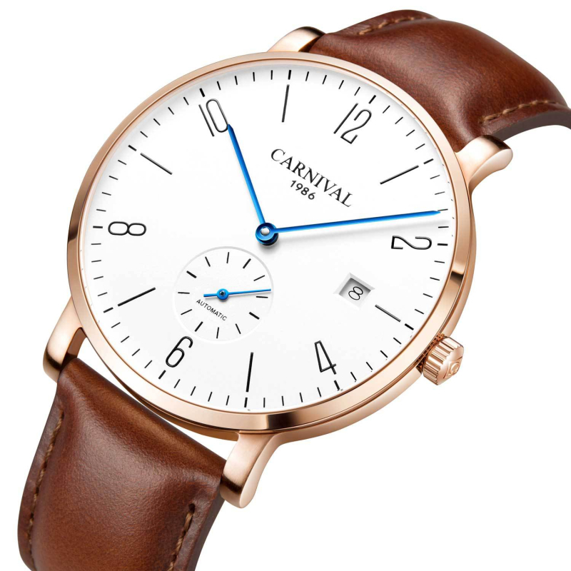 Carnival Férfi automata karóra naptár funkcióval, átlátszó hátlappal, rozsdamentes acél tokkal, valódi bőr szíjjal.