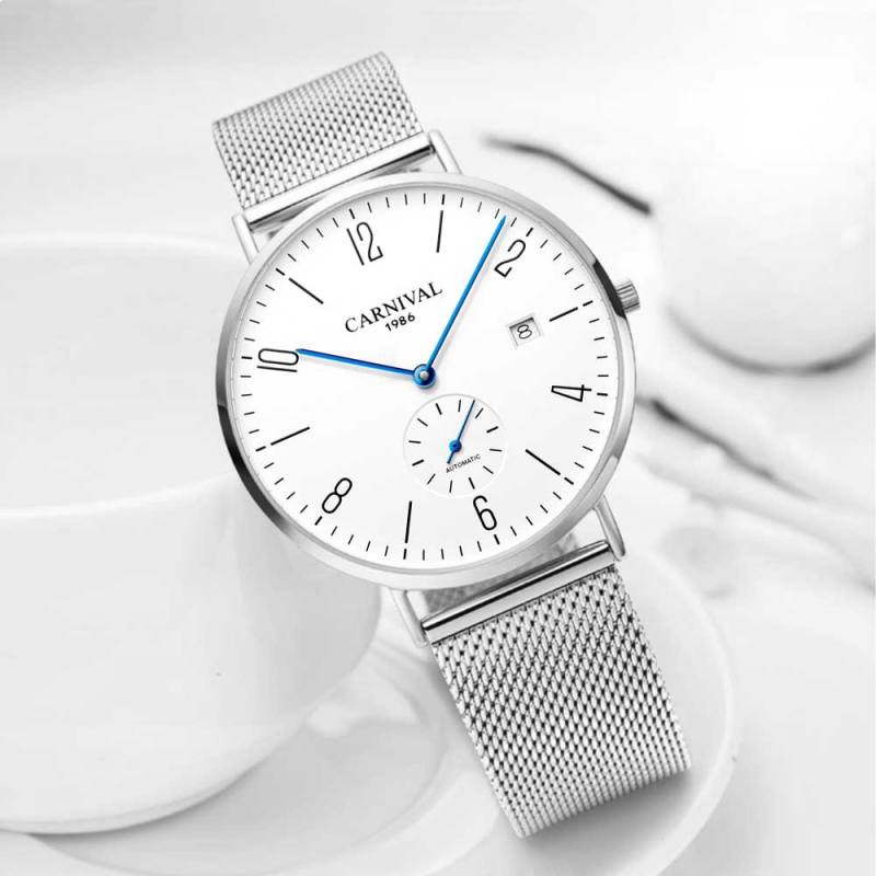 Carnival Férfi automata karóra naptár funkcióval, átlátszó hátlappal, rozsdamentes acél tokkal, valódi bőr szíjjal.