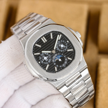 Мъжки автоматичен часовник Nautilus 5740, стоманена каса, аналогов циферблат с луминесценция и луна-фаза, швейцарски ход 2813, стоманена гривна, водоустойчивост 100 м