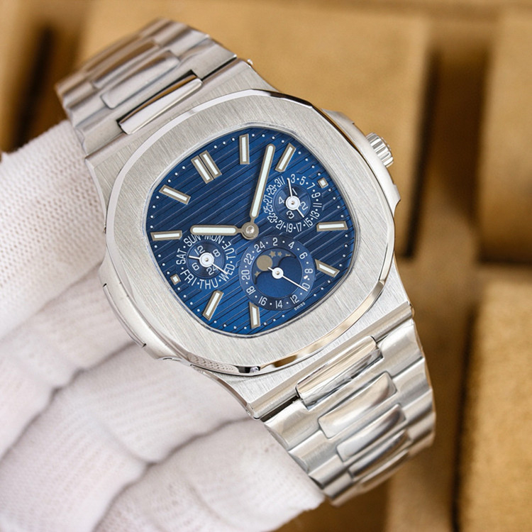 Мъжки автоматичен часовник Nautilus 5740, стоманена каса, аналогов циферблат с луминесценция и луна-фаза, швейцарски ход 2813, стоманена гривна, водоустойчивост 100 м
