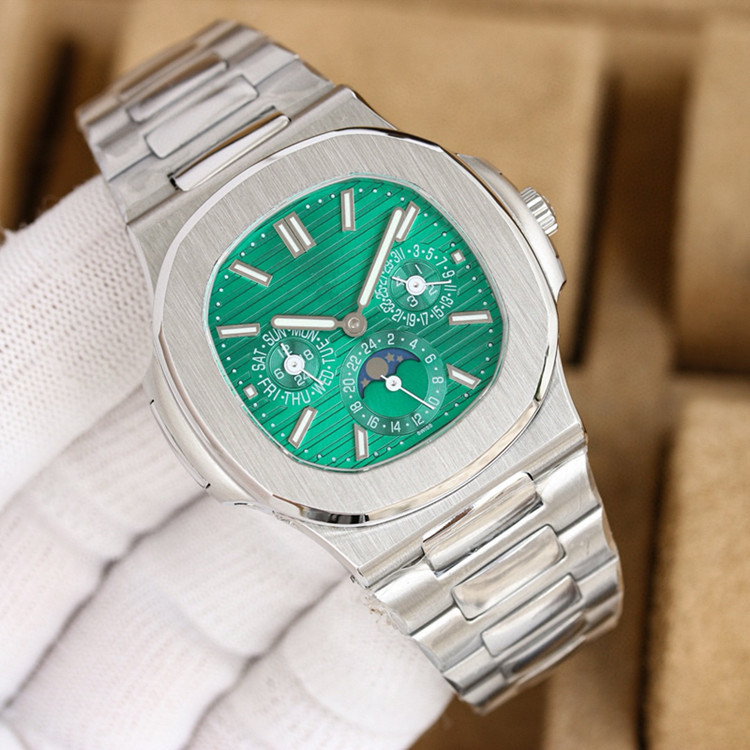 Механичен часовник сe светещ циферблат и лунна фаза, бизнес стил, неръждаема стомана (Двигател: механичен; Произход на двигателя: Швейцария; Водоустойчивост: 100 м; Дисплей: аналогов; Калъф: неръждаема стомана)