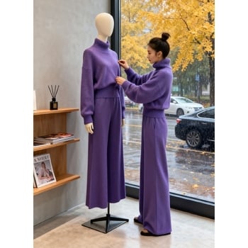 Дамски ежедневен комплект костюм 2025 Нов зимен корейски стил Модерен мързелив стил Лилав пуловер с висока яка и широки панталони Комплект от две части
