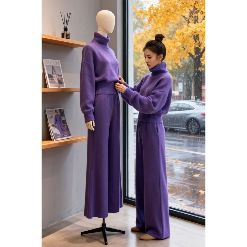 Дамски ежедневен комплект костюм 2025 Нов зимен корейски стил Модерен мързелив стил Лилав пуловер с висока яка и широки панталони Комплект от две части