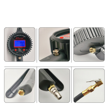 Riepu spiediena mērītājs ar digitālo displeju un fona apgaismojumu; riepu spiediena mērītājs ar piepūšanas uzgali un sūkņa izvēles sviru.