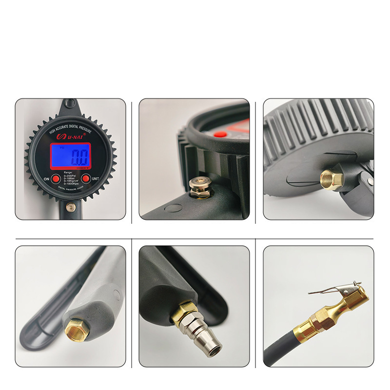 Riepu spiediena mērītājs ar digitālo displeju un fona apgaismojumu; riepu spiediena mērītājs ar piepūšanas uzgali un sūkņa izvēles sviru.