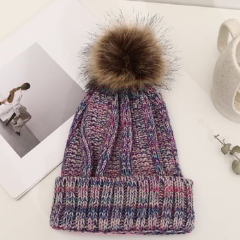 Есен/Зима 2022 Нов стил плетена шапка с помпони за жени, с подплата от полар, плетка с османтус в различни цветове и изкуствена помпонна тапицерия