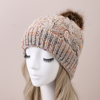 Есен/Зима 2022 Нов стил плетена шапка с помпони за жени, с подплата от полар, плетка с османтус в различни цветове и изкуствена помпонна тапицерия