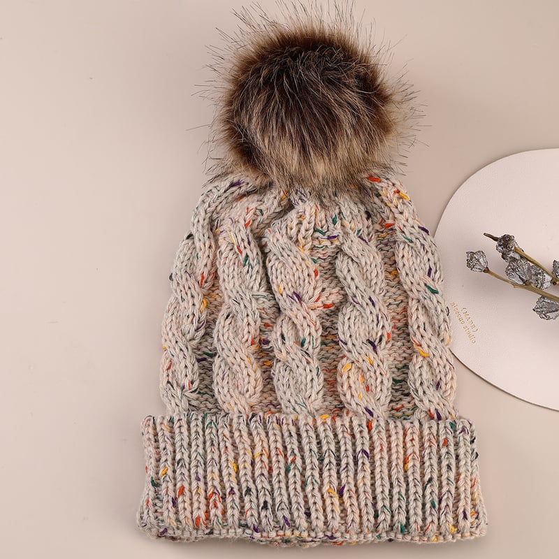 Есен/Зима 2022 Нов стил плетена шапка с помпони за жени, с подплата от полар, плетка с османтус в различни цветове и изкуствена помпонна тапицерия