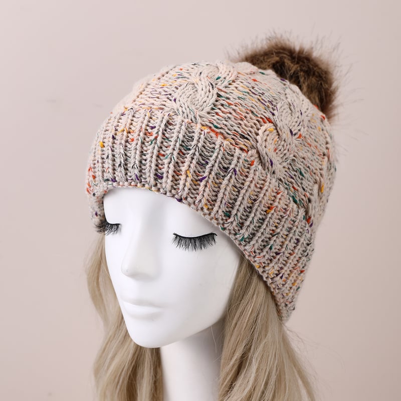 Есен/Зима 2022 Нов стил плетена шапка с помпони за жени, с подплата от полар, плетка с османтус в различни цветове и изкуствена помпонна тапицерия
