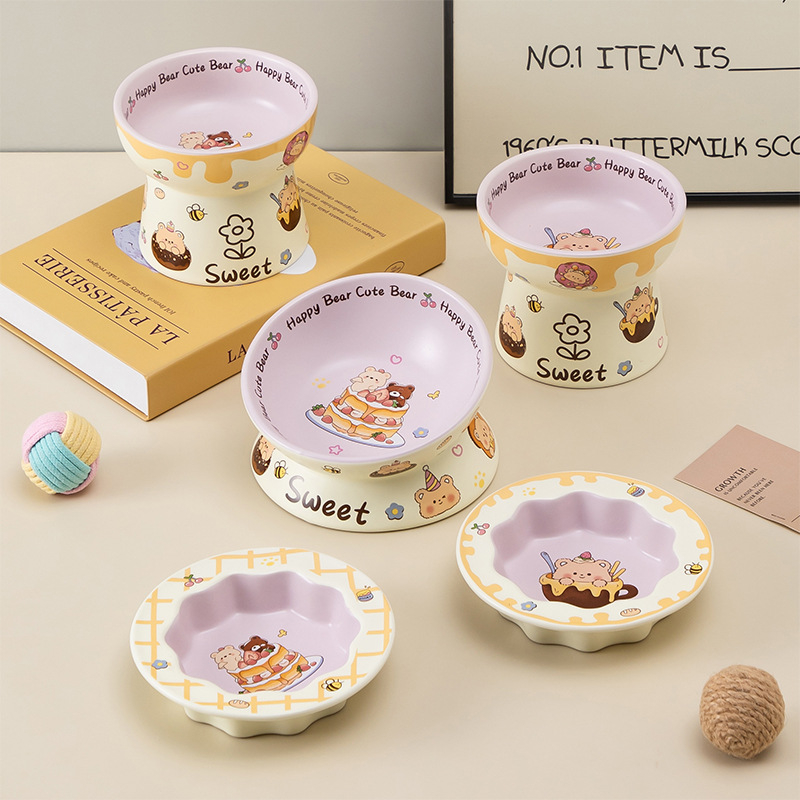 Macska etetőtál magas lábakon, kerámia, anti-tilt, nyakvédő és széles nyílás