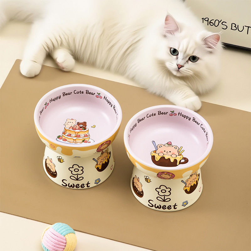 Macska etetőtál magas lábakon, kerámia, anti-tilt, nyakvédő és széles nyílás