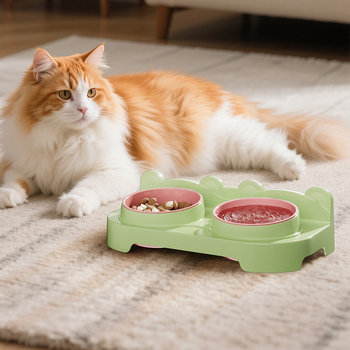 Plastična dvostruka zdjela za mačke, zdjela za hranu i vodu s nagnutim rubom, dizajn protiv prosipanja