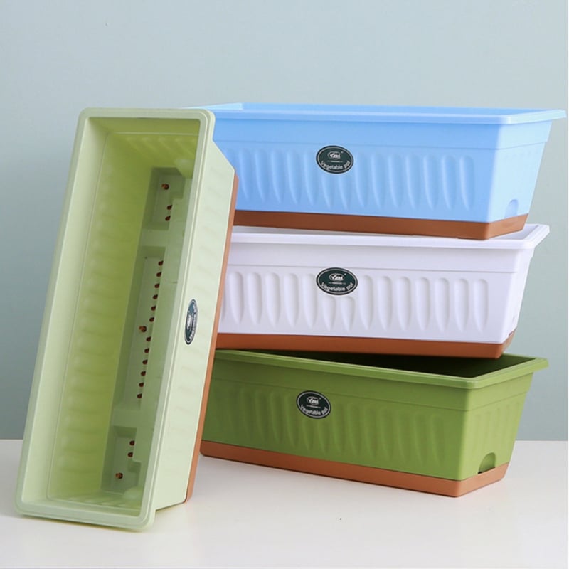 Műanyag téglalap alakú balkon virágtartó zöldségtermesztéshez — lélegző, korrózióálló, asztali vagy padlón álló használat, alkalmas irodára, otthoni kertészkedésre és balkonkert számára