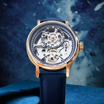 Мъжки механичен часовник с лунна фаза и 24-часова индикация, водоустойчив до 30 м, кожен ремък