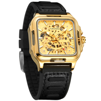 Laikrodis su skeletiniu poligoniniu kvadratiniu dizainu, kvarcinis judėjimas, kvadratinis ciferblatas, nerūdijančio plieno korpusas, odinis apyrankė, šviesėja tamsoje