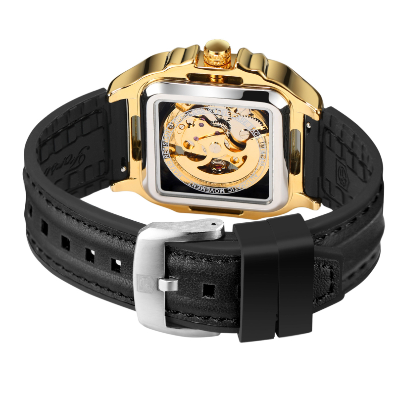 Laikrodis su skeletiniu poligoniniu kvadratiniu dizainu, kvarcinis judėjimas, kvadratinis ciferblatas, nerūdijančio plieno korpusas, odinis apyrankė, šviesėja tamsoje