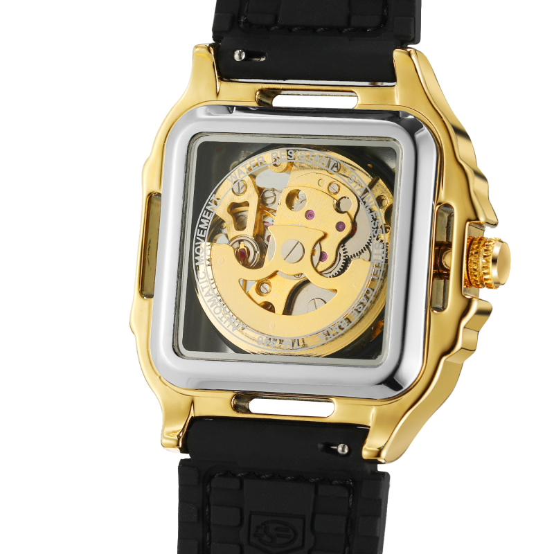 Laikrodis su skeletiniu poligoniniu kvadratiniu dizainu, kvarcinis judėjimas, kvadratinis ciferblatas, nerūdijančio plieno korpusas, odinis apyrankė, šviesėja tamsoje