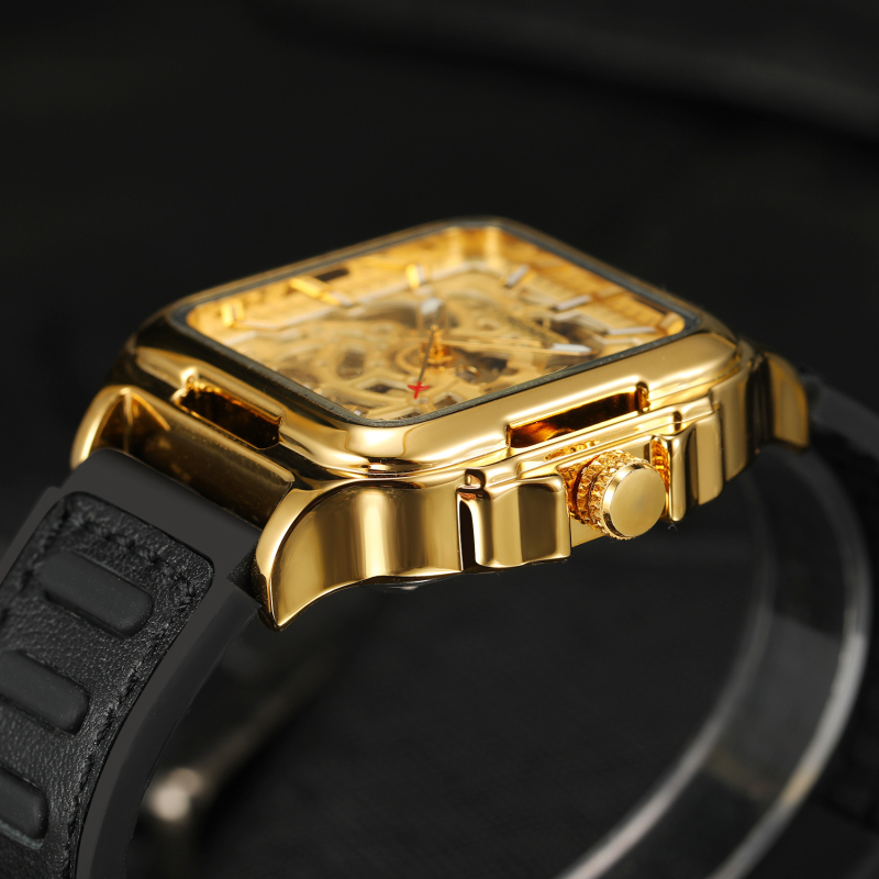 Laikrodis su skeletiniu poligoniniu kvadratiniu dizainu, kvarcinis judėjimas, kvadratinis ciferblatas, nerūdijančio plieno korpusas, odinis apyrankė, šviesėja tamsoje