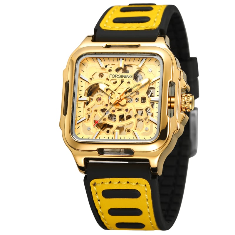 Laikrodis su skeletiniu poligoniniu kvadratiniu dizainu, kvarcinis judėjimas, kvadratinis ciferblatas, nerūdijančio plieno korpusas, odinis apyrankė, šviesėja tamsoje