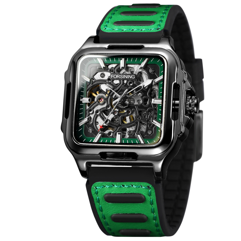 Laikrodis su skeletiniu poligoniniu kvadratiniu dizainu, kvarcinis judėjimas, kvadratinis ciferblatas, nerūdijančio plieno korpusas, odinis apyrankė, šviesėja tamsoje