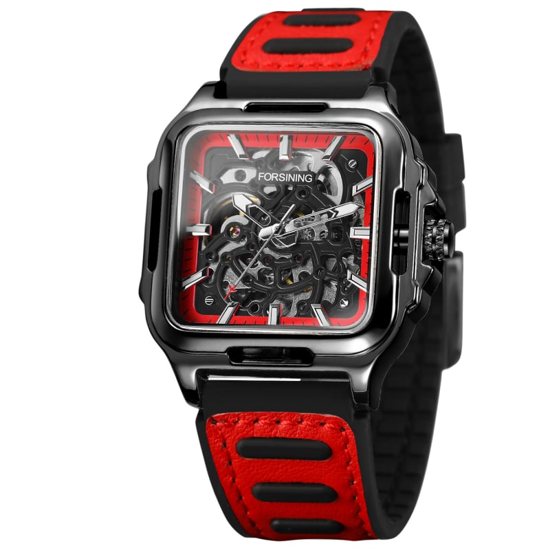 Laikrodis su skeletiniu poligoniniu kvadratiniu dizainu, kvarcinis judėjimas, kvadratinis ciferblatas, nerūdijančio plieno korpusas, odinis apyrankė, šviesėja tamsoje