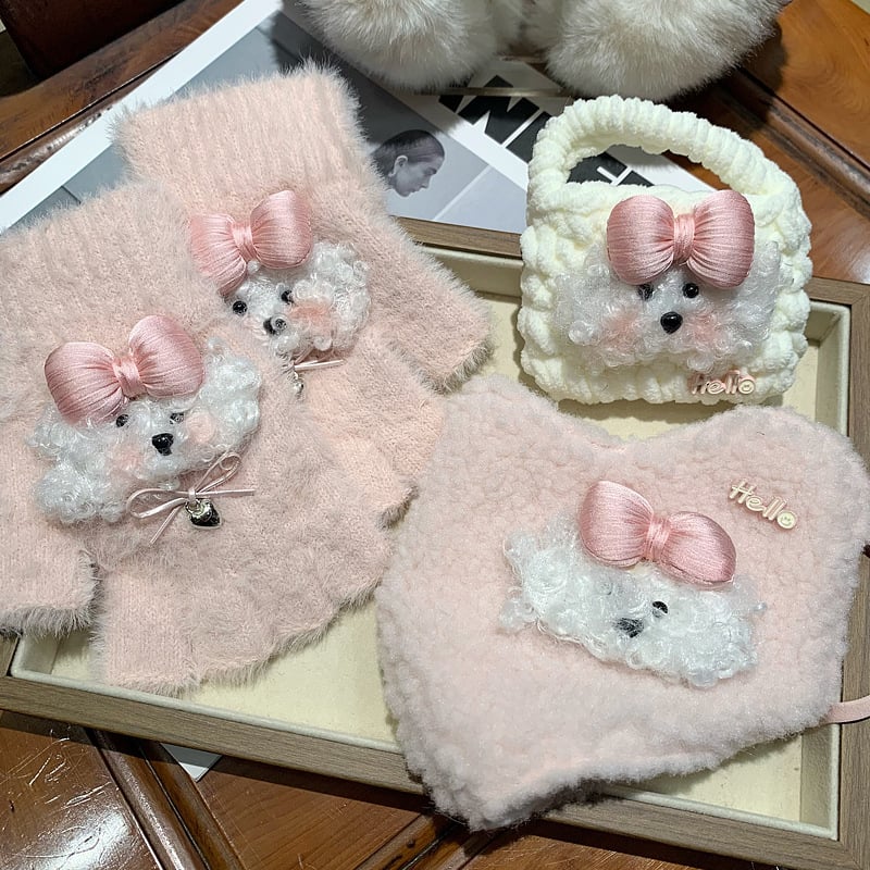 Зимен комплект аксесоари с карикатурно куче Rich Dog: топли ръкавици, прахозащитни маски (тип за ухо), сладък калъф за слушалки и ушанки за жени