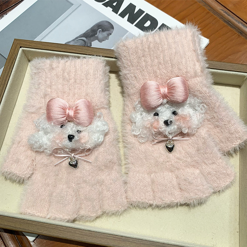 Зимен комплект аксесоари с карикатурно куче Rich Dog: топли ръкавици, прахозащитни маски (тип за ухо), сладък калъф за слушалки и ушанки за жени