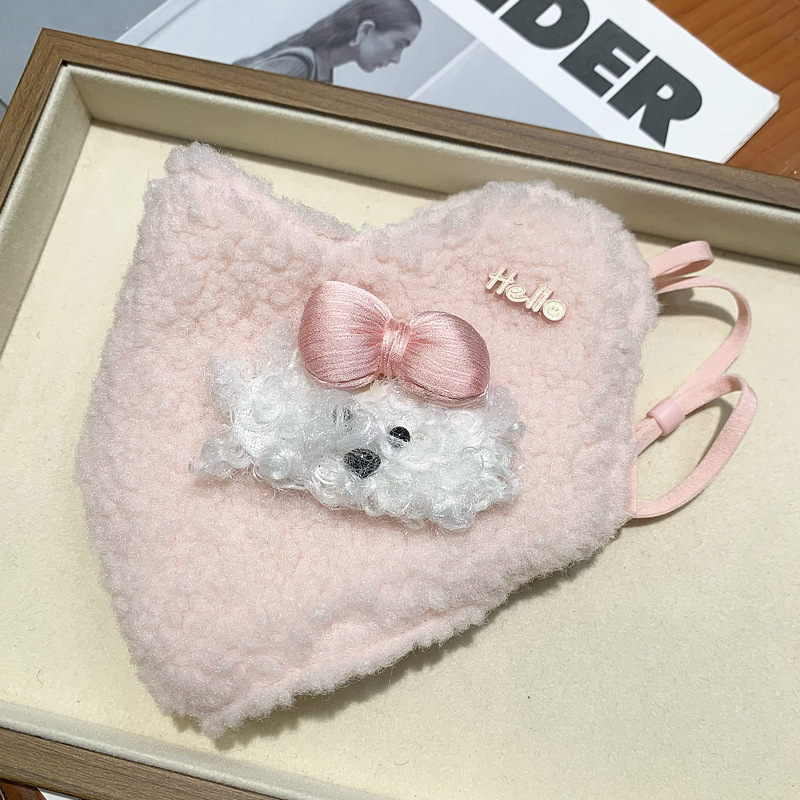 Зимен комплект аксесоари с карикатурно куче Rich Dog: топли ръкавици, прахозащитни маски (тип за ухо), сладък калъф за слушалки и ушанки за жени