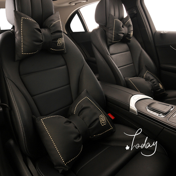 Комплект възглавници за глава и талия за автомобил с изкуствена кожа и бродирана панделка, пълнеж синтетични влакна, универсална съвместимост, подходящ за всички сезони