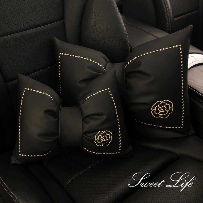 Комплект възглавници за глава и талия за автомобил с изкуствена кожа и бродирана панделка, пълнеж синтетични влакна, универсална съвместимост, подходящ за всички сезони