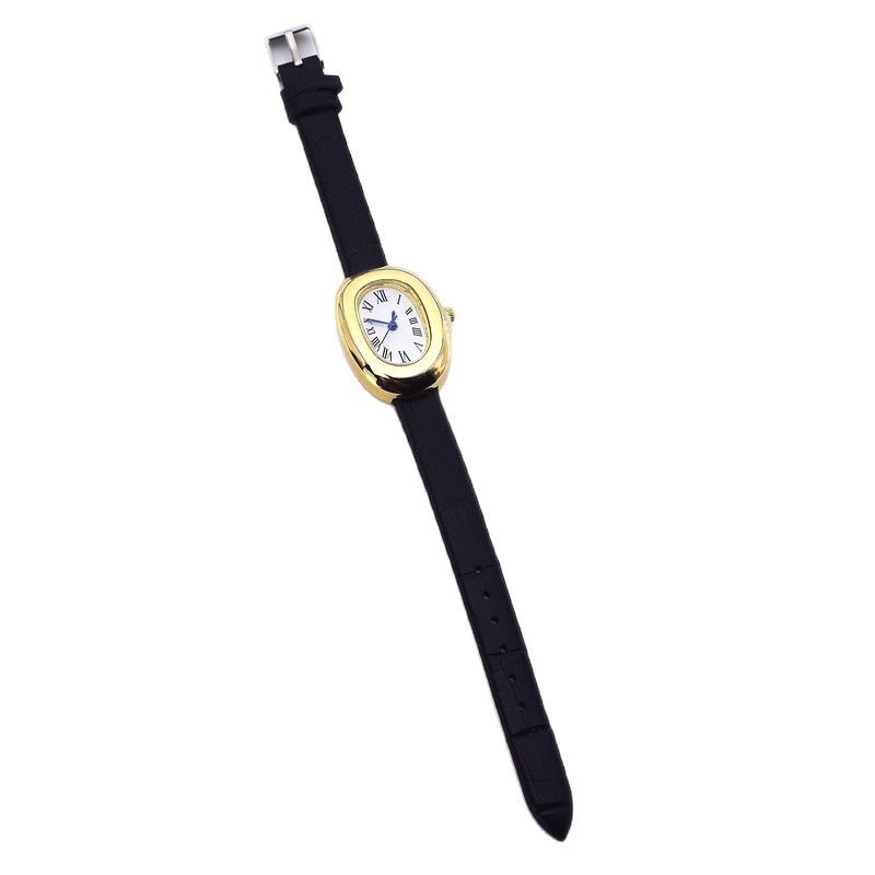 Női óra ovális számlappal, imitált bőrszíjjal — kvarc mozgás, analóg kijelző, tok ötvözetből