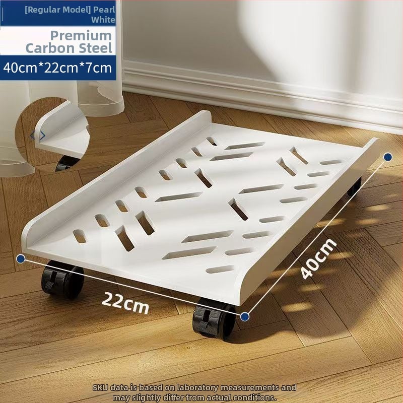 Stalo kompiuterio laikiklis su nuimamą baze ir ratukais — mangano plieno konstrukcija su integruota saugykla