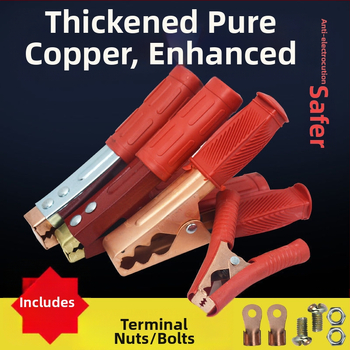 Smags automobiļa akumulatora klips ar vara galvu, biezināta konstrukcija un akumulatora savienojuma kabelis.