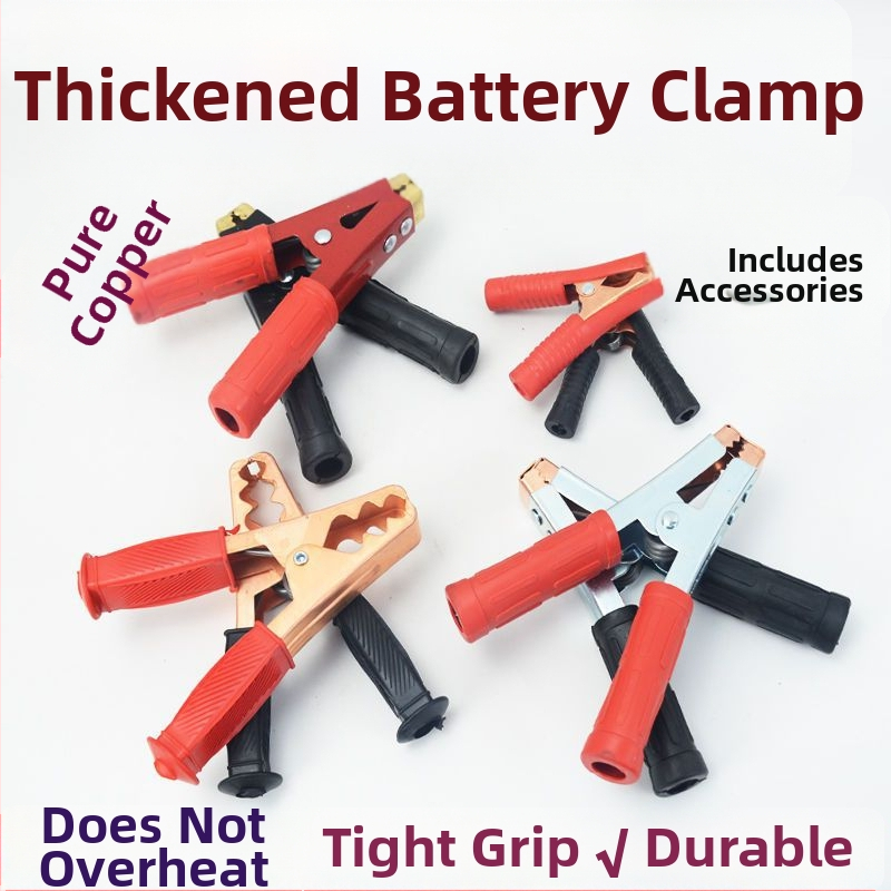 Smags automobiļa akumulatora klips ar vara galvu, biezināta konstrukcija un akumulatora savienojuma kabelis.