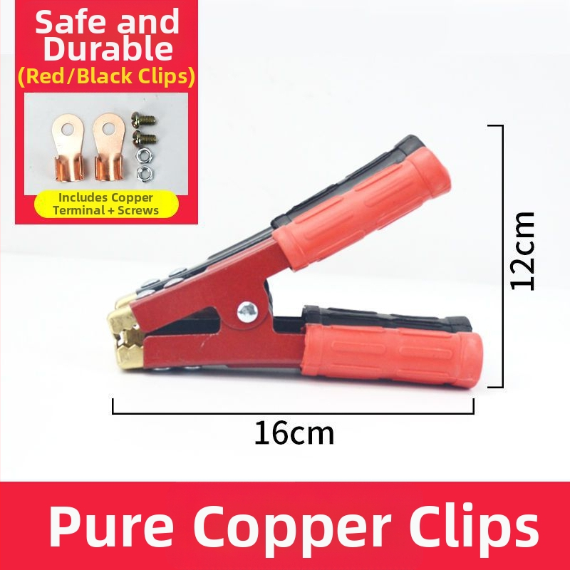 Smags automobiļa akumulatora klips ar vara galvu, biezināta konstrukcija un akumulatora savienojuma kabelis.