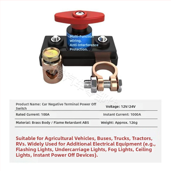 Automobiļa akumulatora atslēdzējs – vara korpuss, 12/24V, anti-noplūdes aizsardzība, der automobiļiem un kravas automašīnām