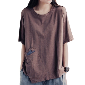 Γυναικεία ρετρό μπλούζα με κοντό μανίκι από πολυεστέρα, μονόχρωμη, κυκλική λαιμόκοψη, κορεατικό στυλ, χαλαρή γραμμή