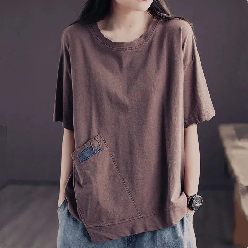 Γυναικεία ρετρό μπλούζα με κοντό μανίκι από πολυεστέρα, μονόχρωμη, κυκλική λαιμόκοψη, κορεατικό στυλ, χαλαρή γραμμή