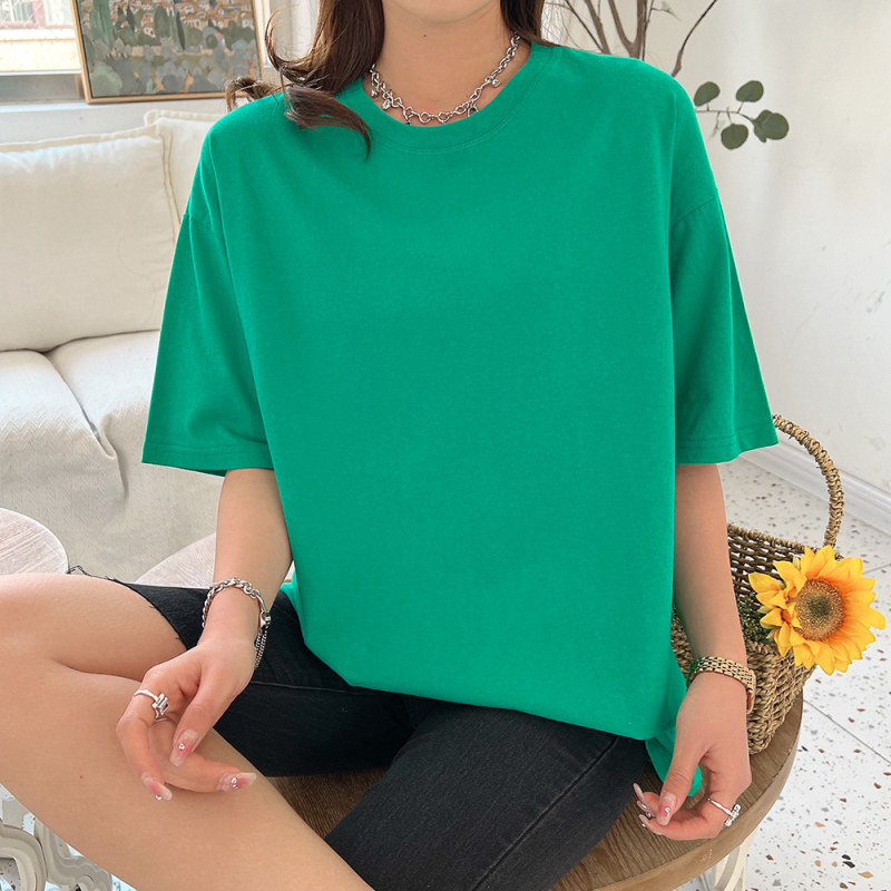 Ženski jednobojni T-shirt s okruglim izrezom, kratki rukav, pamuk, lagan kroj, pastelna boja, proljeće-ljeto 2025